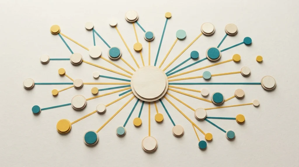 Verbindungsdiagramm aus runden Holzplättchen und farbigen Linien