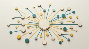 Verbindungsdiagramm aus runden Holzplättchen und farbigen Linien