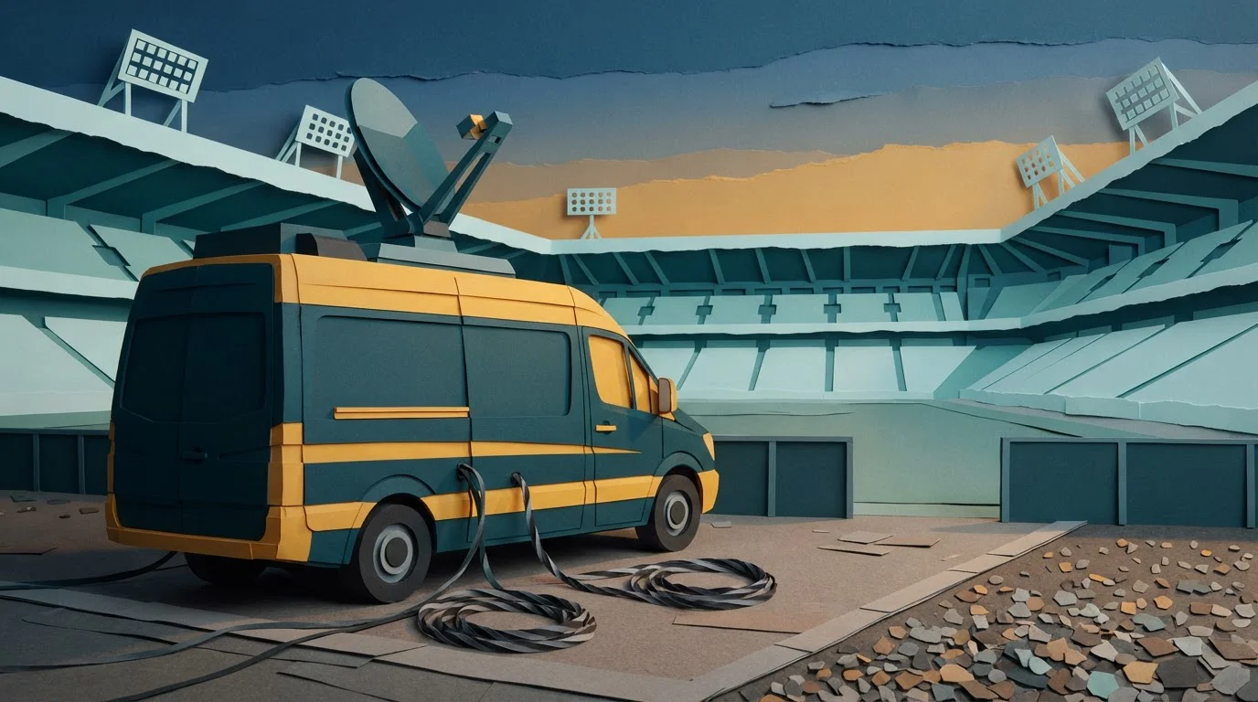 Übertragungswagen mit Satellitenschüssel vor einem Sportstadion