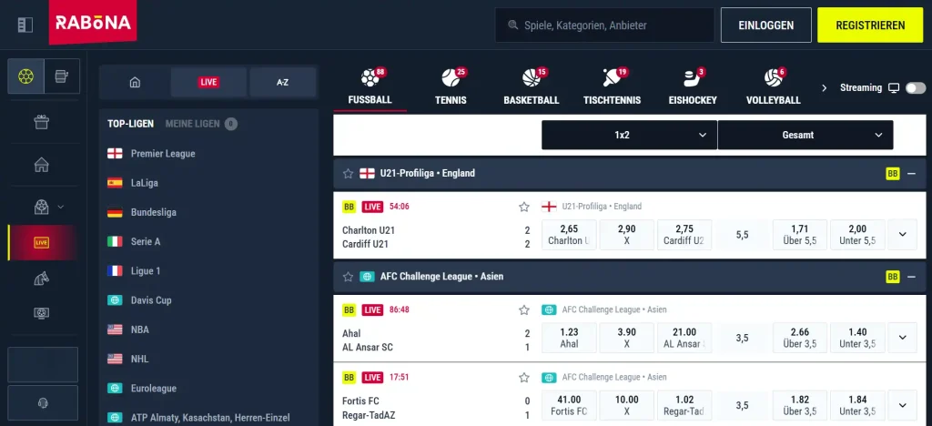 Livewettenbereich mit Sportkategorien und laufenden Wettbewerben von Rabona