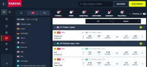 Livewettenbereich mit Sportkategorien und laufenden Wettbewerben von Rabona