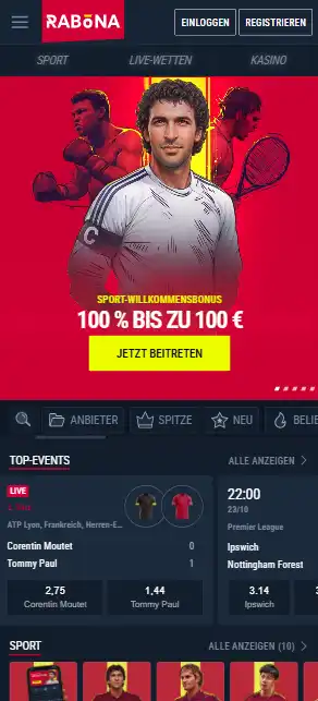 Mobiler deutschsprachiger Sportbereich mit Navigation auf einem Smartphone