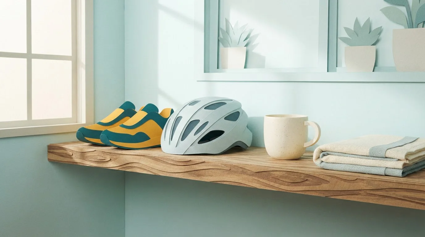 Turnschuhe und zusammengelegte Sportkleidung liegen auf einem niedrigen Holzregal