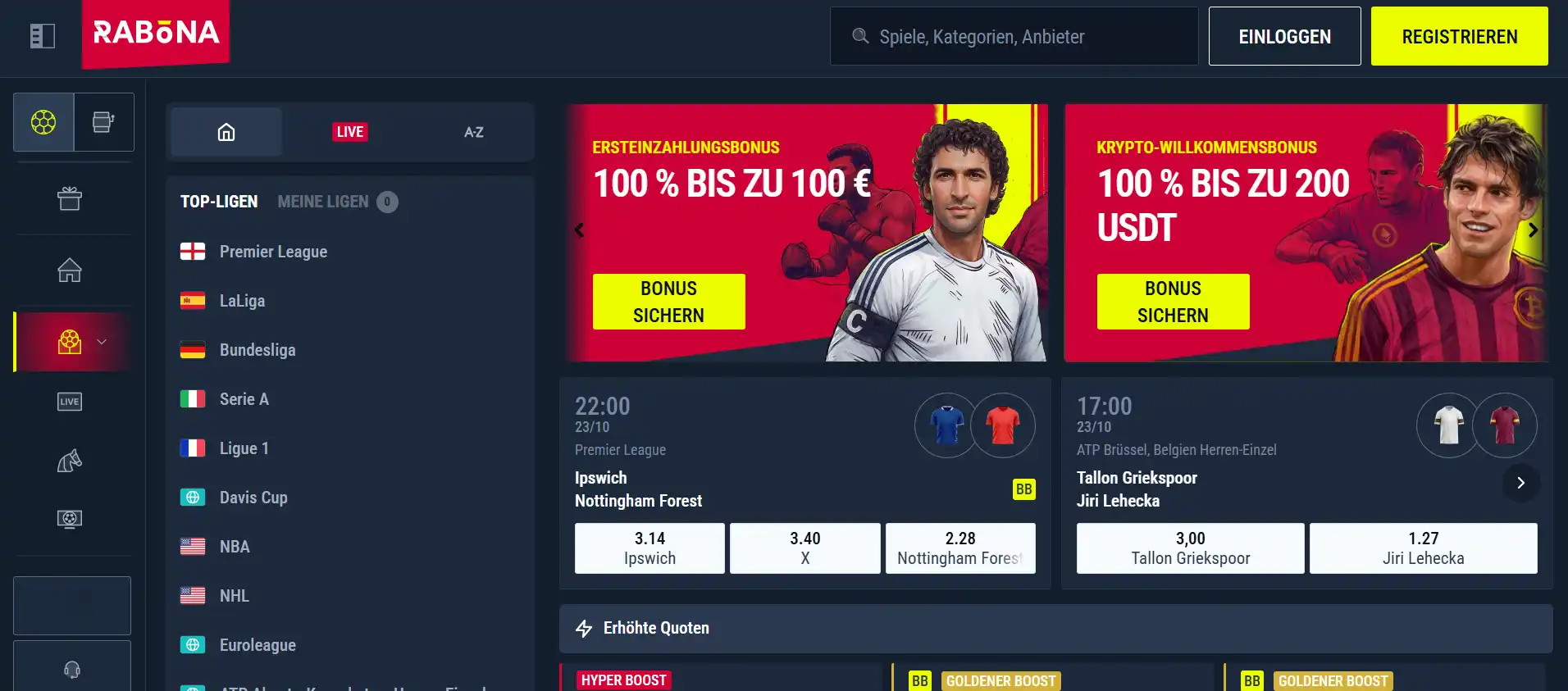 Sportarten und Wettbewerbe in der Sportnavigation von Rabona