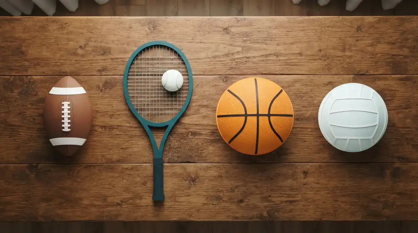 Fußball, Tennisschläger mit Tennisball, Basketball und Volleyball auf einem Holztisch